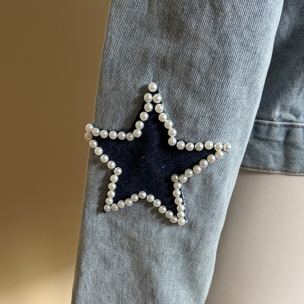 Cropped Denim Jacket Pearl Star Patches Frayed Collar Light Wash Jean Jacket- M - Picture 2 of 5